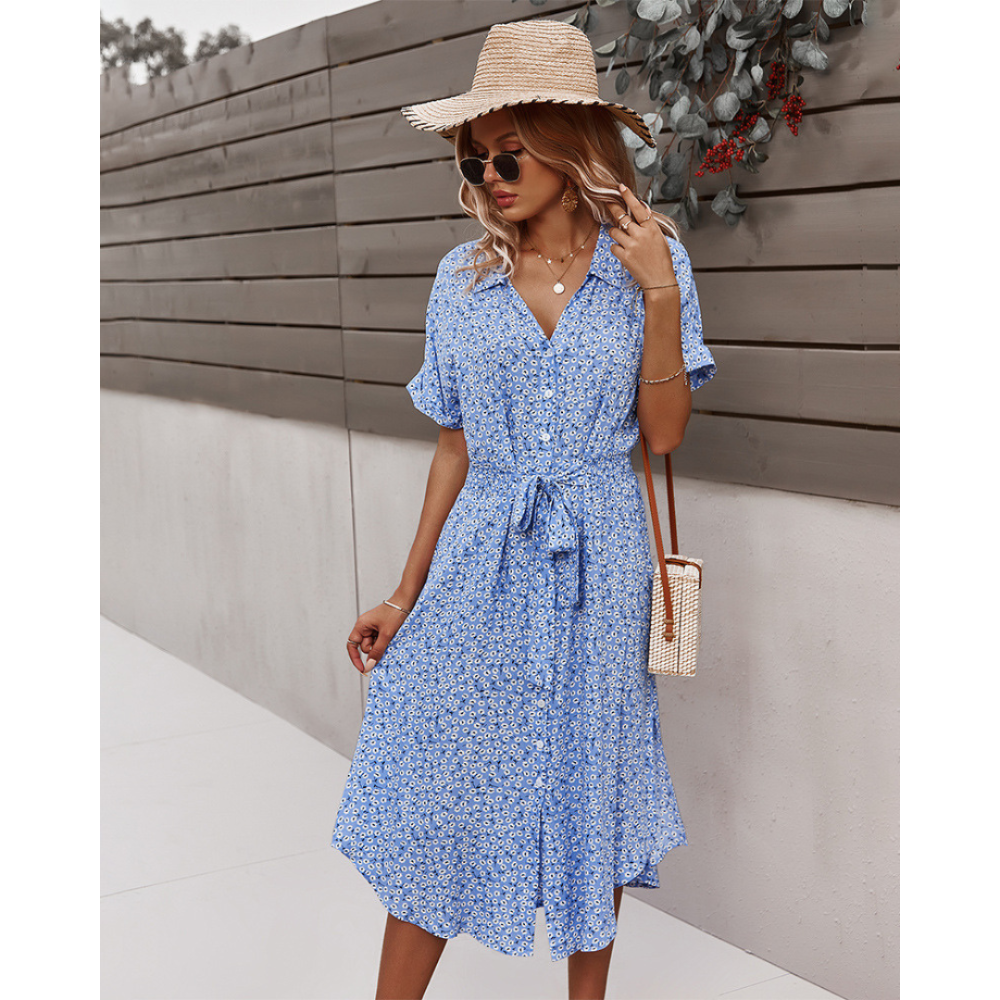Women's Summer Floral Button Down V Neck Dresses