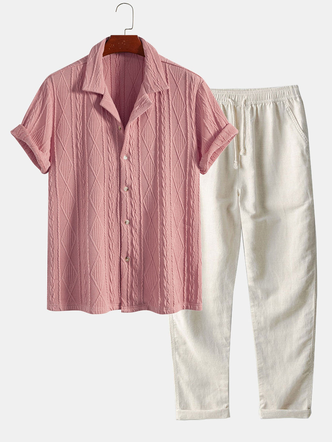 Knitted geometric texture Red Cuban shirt and linen straight-leg pants