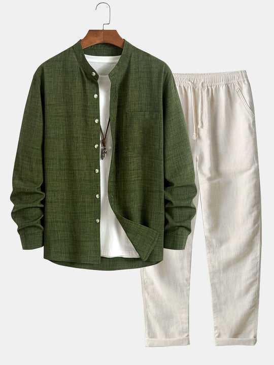 Long sleeve light brown collar shirt and straight linen pants