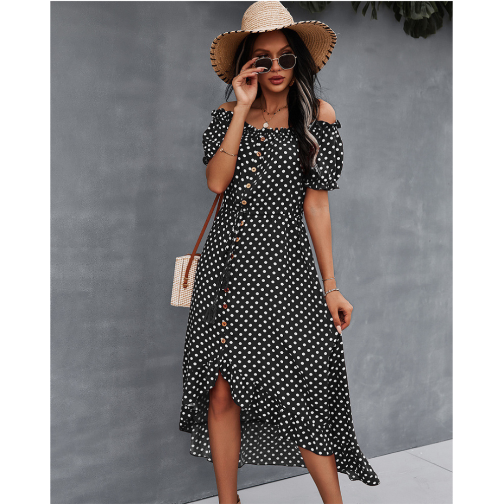 Off-Shoulder Polka Dot High Low Ruffle Hem Dress