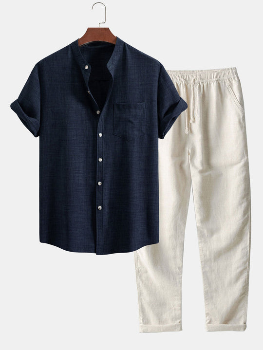 Short sleeve light brown collar shirt and straight linen pants