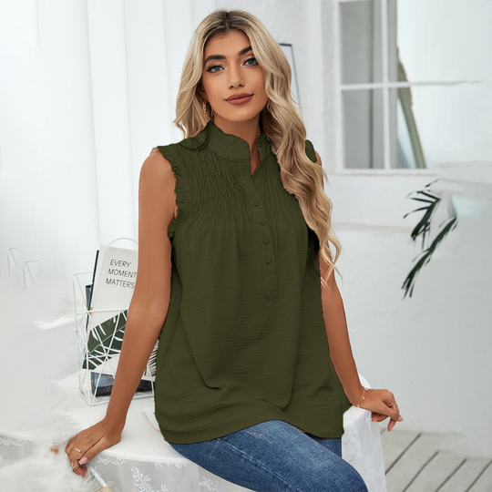 High Collar Button Ruffled Sleeves Less Blouse