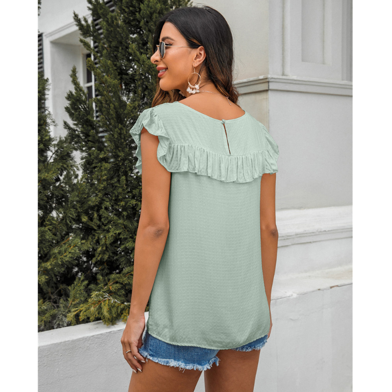Flounce Lace Neck Design Sleeves Less Blouse
