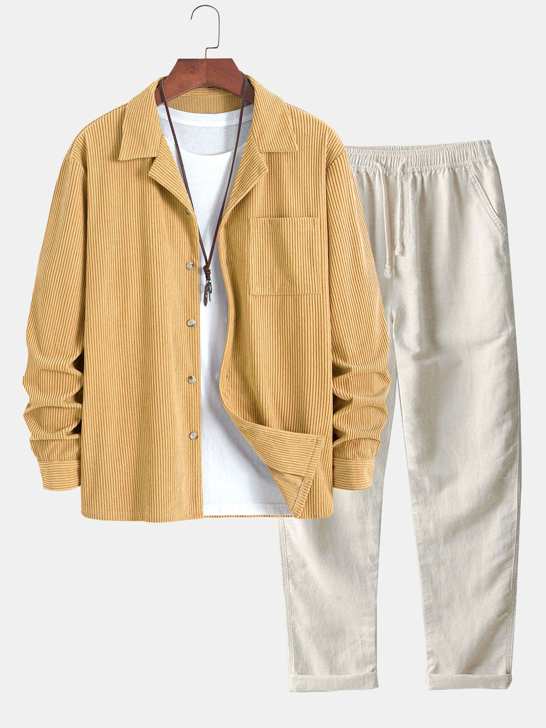 Corduroy Cuban collar long sleeve shirt and straight leg linen pants