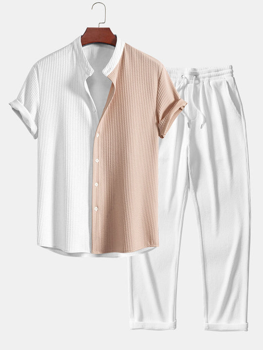 Two Tone Muscle Fit Ribbed Stand Collar Shirt & Straight Leg Ribbed Pants
