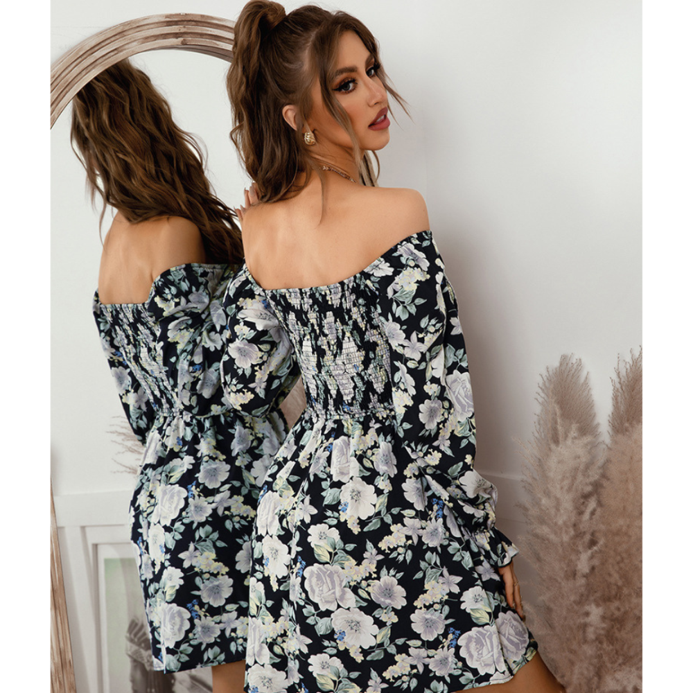 Floral Print Shirred Flounce Sleeve Dress
