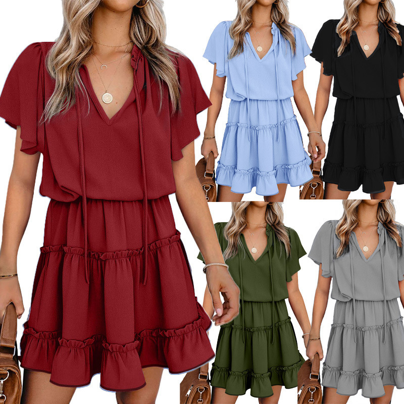 Flounce Sleeve V- Neck Casual Dress