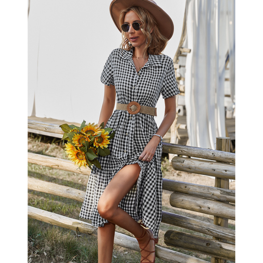 Women Buttoned Gingham Summer Dress