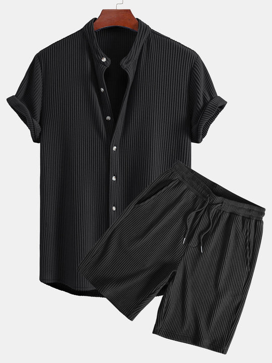 Waffle Slight brownD-collar shirt & waffle shorts with drawstring