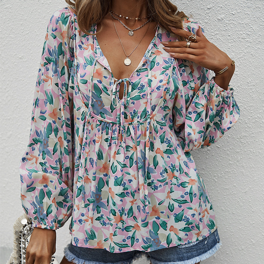 Hawaiian Print Flared Bottom Blouse