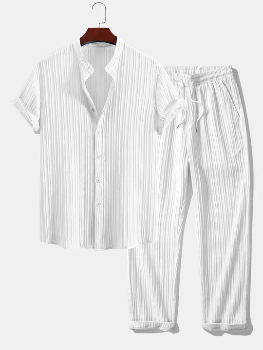 Text red light brown collar shirt and straight pants
