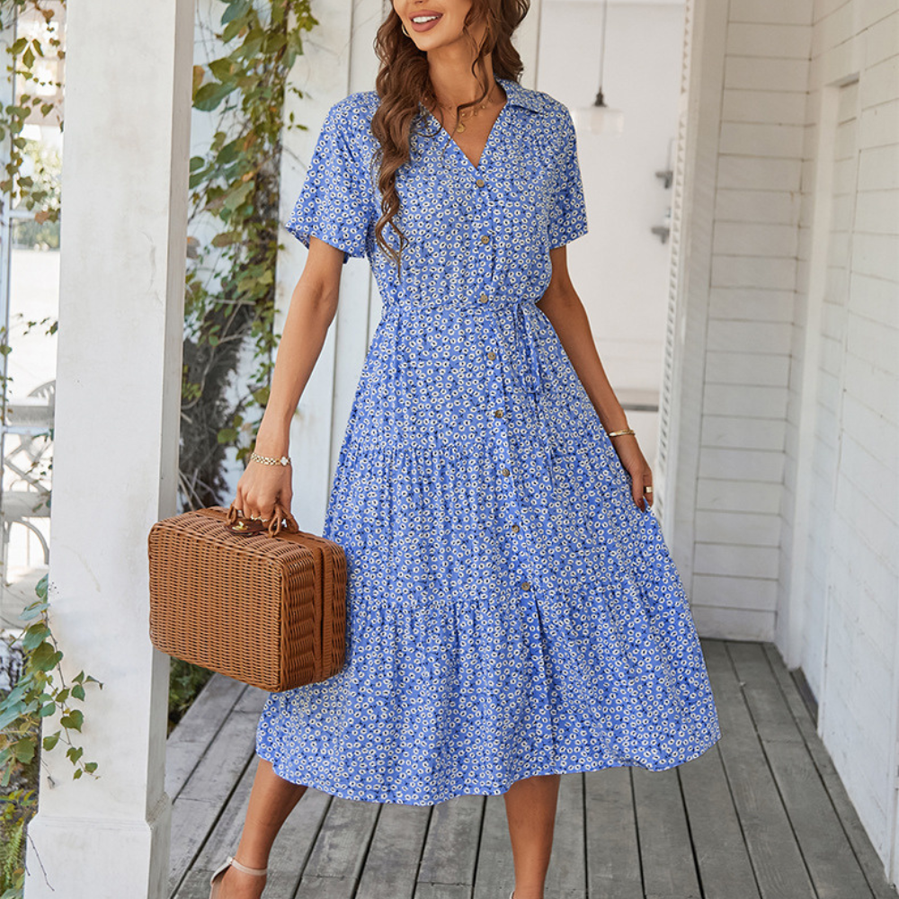 V-Neck Waist Belt Floral Print Maxi Dress