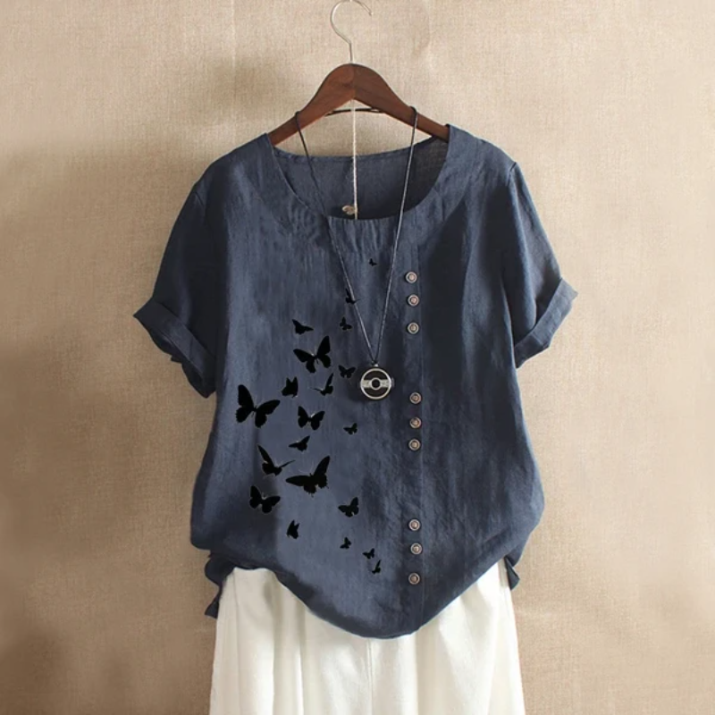 Butterflies Print Button Summer Blouse