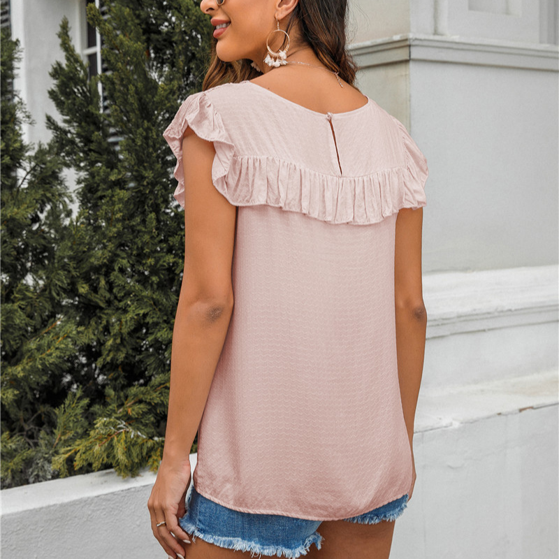 Flounce Lace Neck Design Sleeves Less Blouse