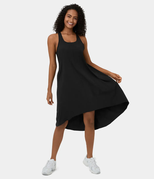 Midi Casual Dress With Backless Racerback And Side Pocket