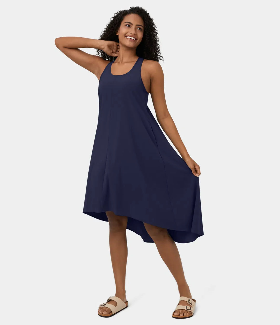 Midi Casual Dress With Backless Racerback And Side Pocket