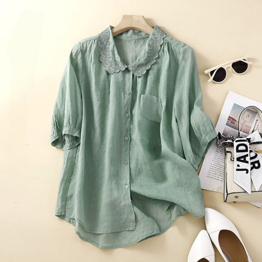 Laurienne™ | Buttoned Blouse with Lace Collar