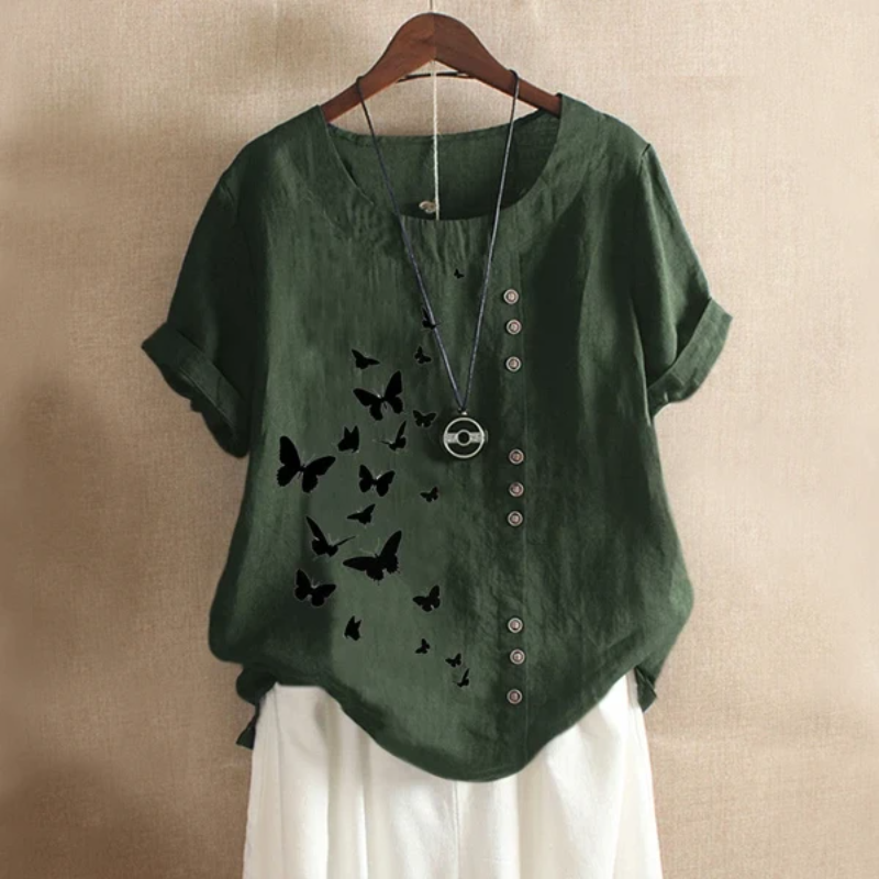 Butterflies Print Button Summer Blouse