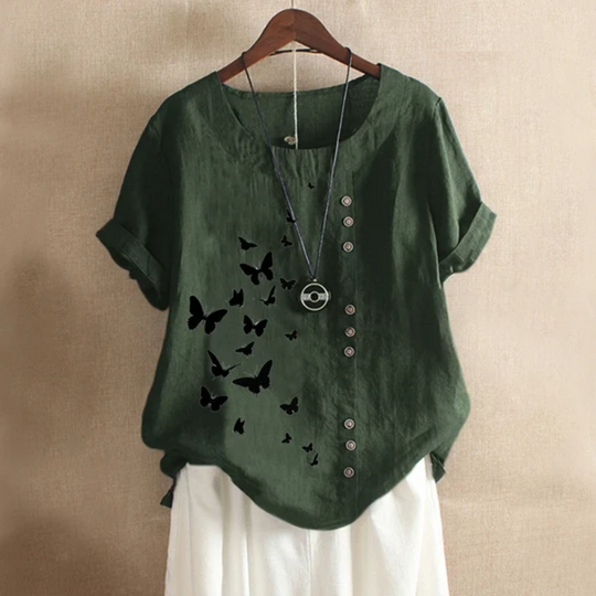 Butterflies Print Button Summer Blouse