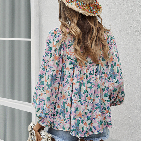Hawaiian Print Flared Bottom Blouse