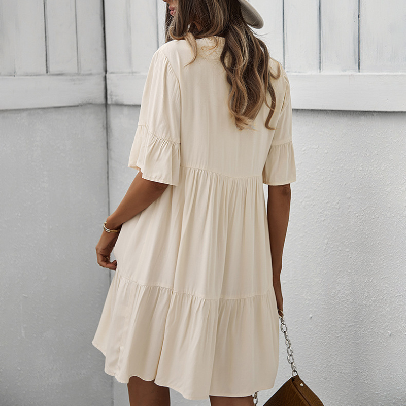 Semi Collar Flared Short Sleeves Midi Drees