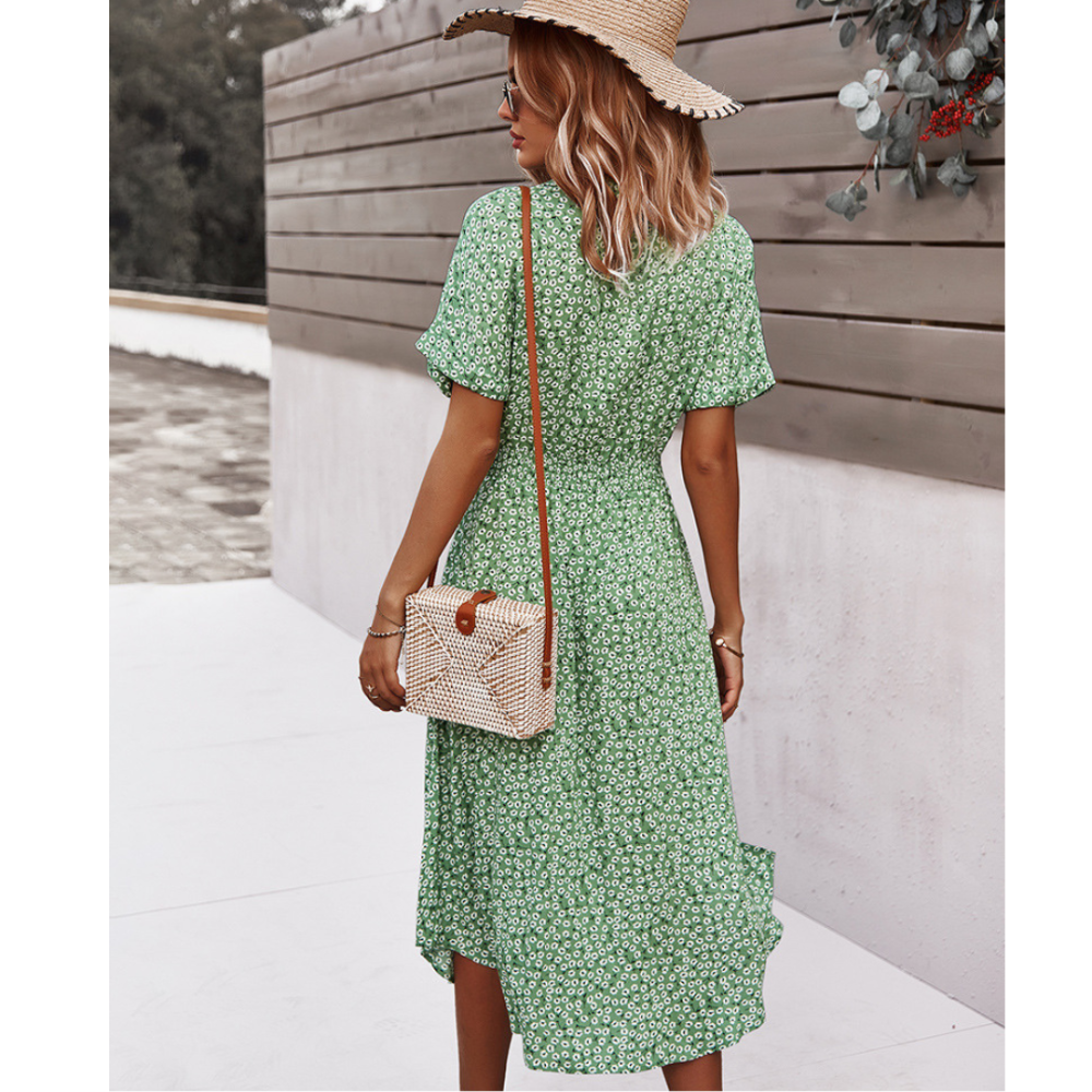 Women's Summer Floral Button Down V Neck Dresses