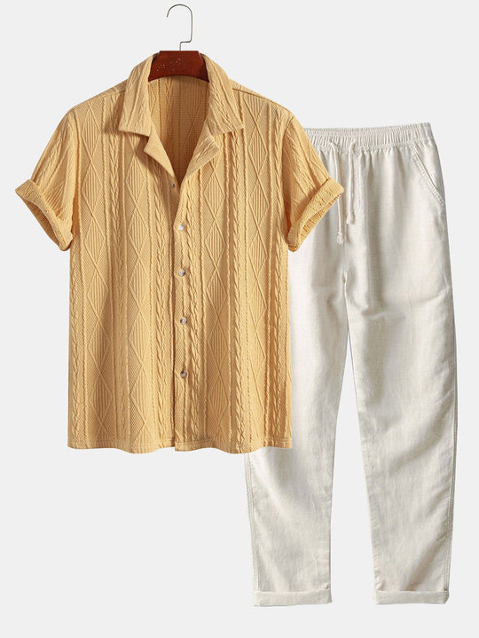 Knitted geometric texture Red Cuban shirt and linen straight-leg pants