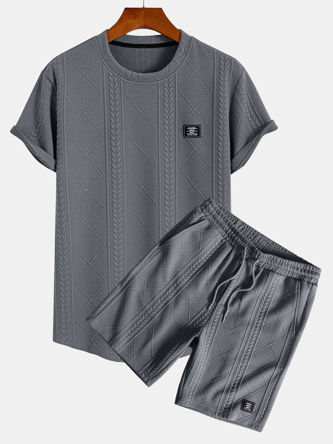Short sleeve geometric jacquard bow hemT-Shirt& Shorts