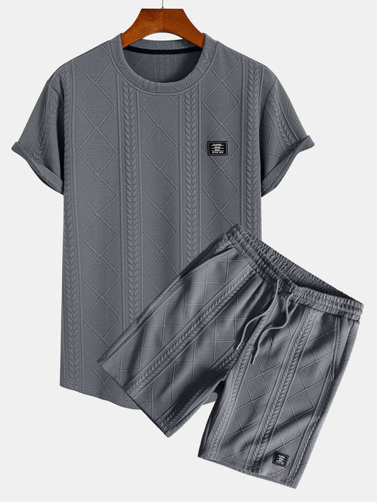 Short sleeve geometric jacquard bow hemT-Shirt& Shorts