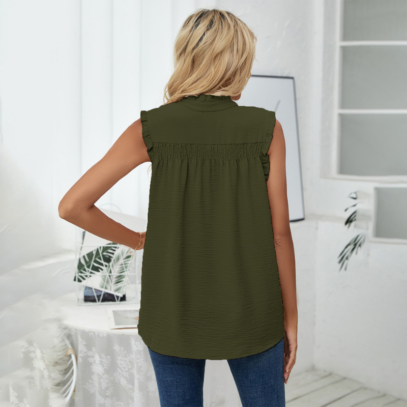 High Collar Button Ruffled Sleeves Less Blouse