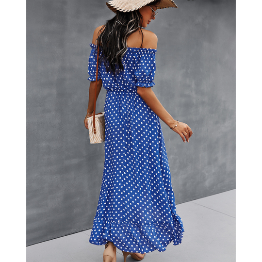 Off-Shoulder Polka Dot High Low Ruffle Hem Dress