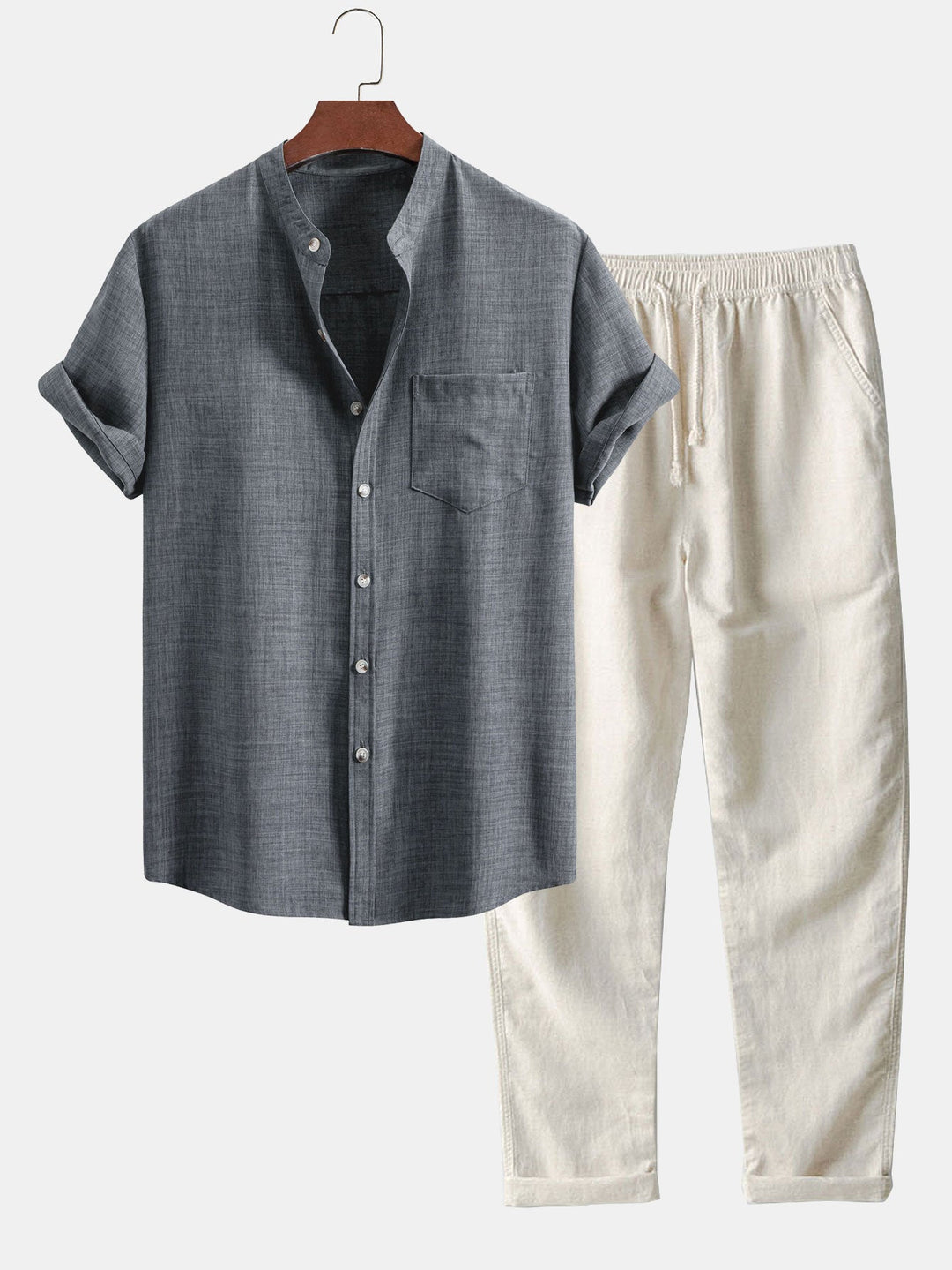 Short sleeve light brown collar shirt and straight linen pants