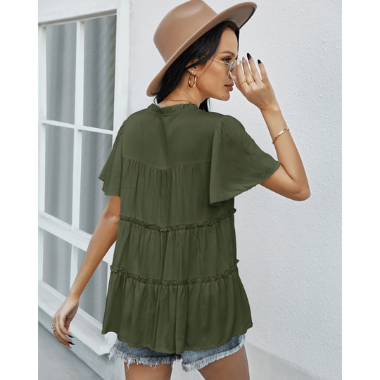 Frill Trim Tassel Tie Flutter Sleeve Top
