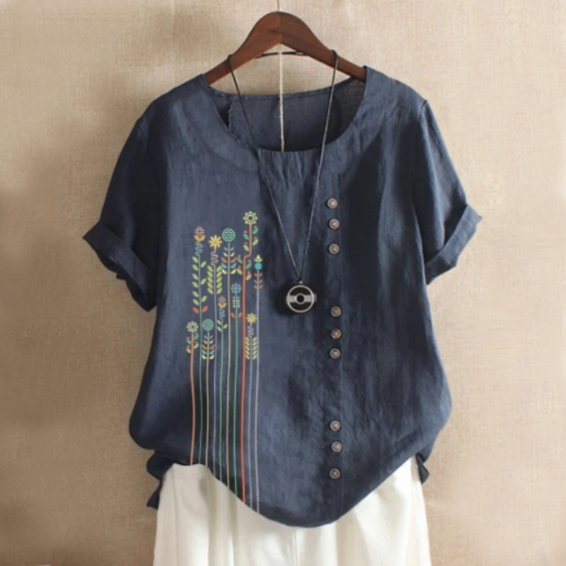Leaf Patch Button Summer Blouse