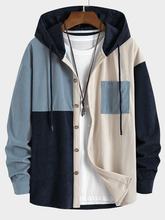 Laurent™ - Colorblock corduroy hooded shirt