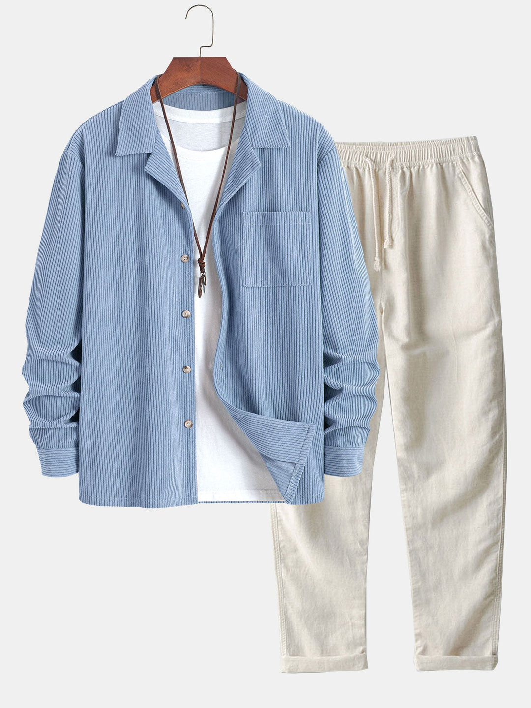 Corduroy Cuban collar long sleeve shirt and straight leg linen pants