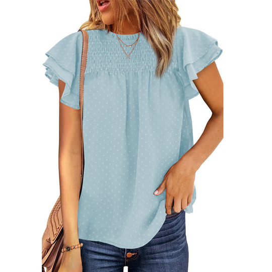 Flounce Cap Sleeves Dot Print Blouse