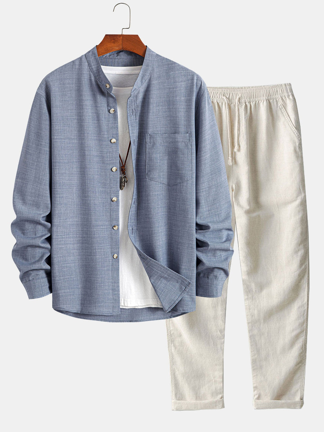 Long sleeve light brown collar shirt and straight linen pants