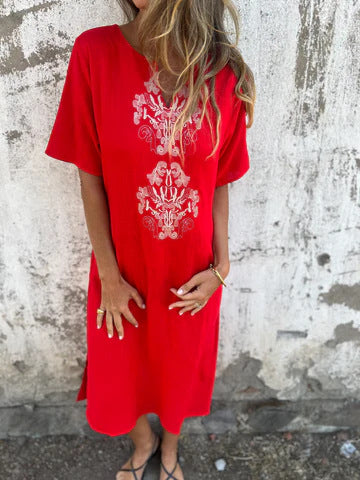 Lena™ Cotton and Linen Short-Sleeve Embroidery Dress