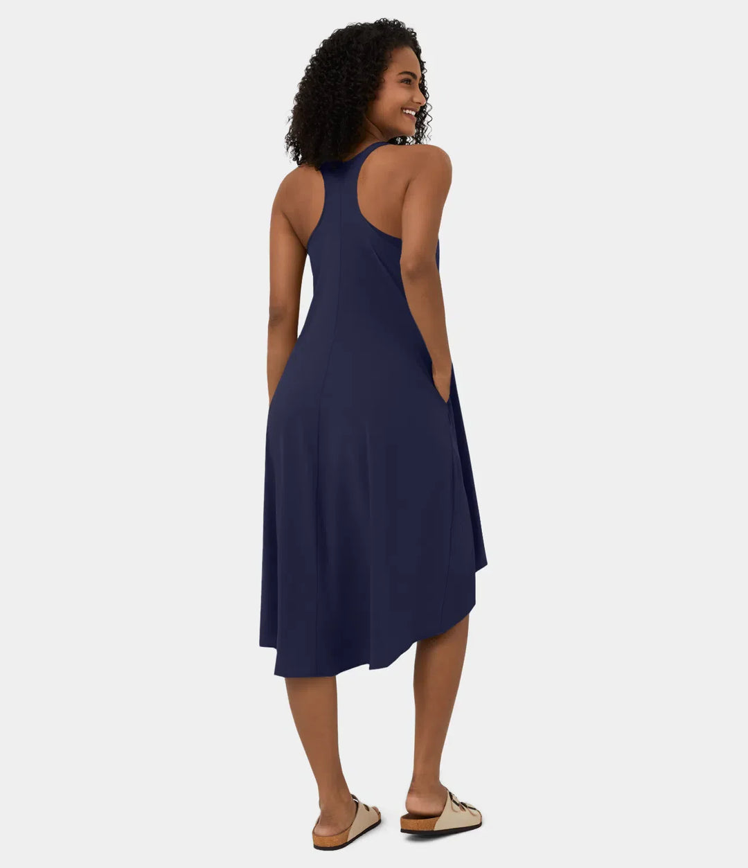 Midi Casual Dress With Backless Racerback And Side Pocket