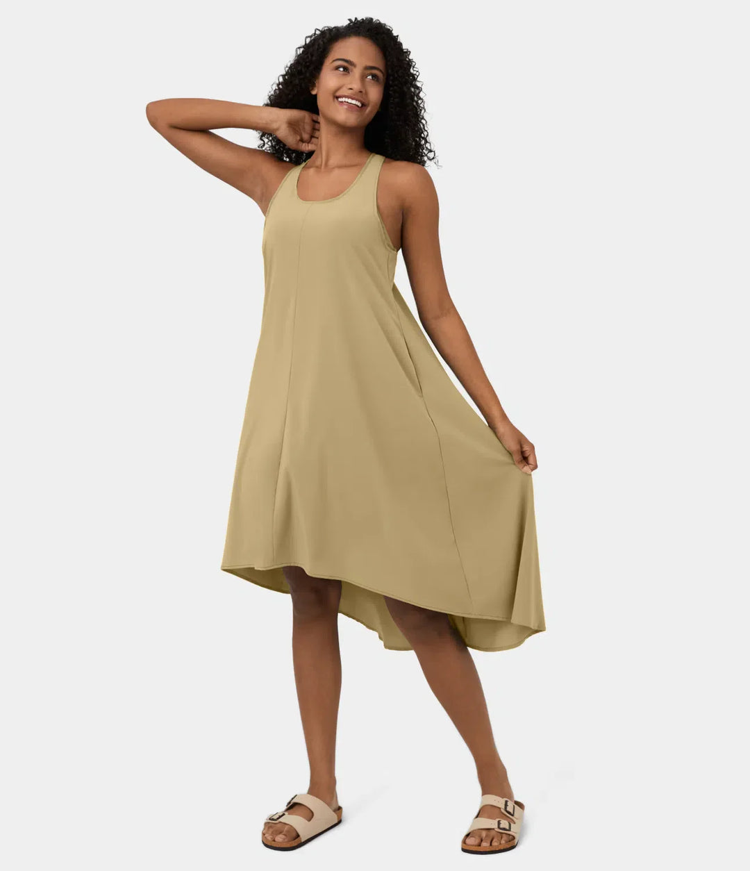 Midi Casual Dress With Backless Racerback And Side Pocket