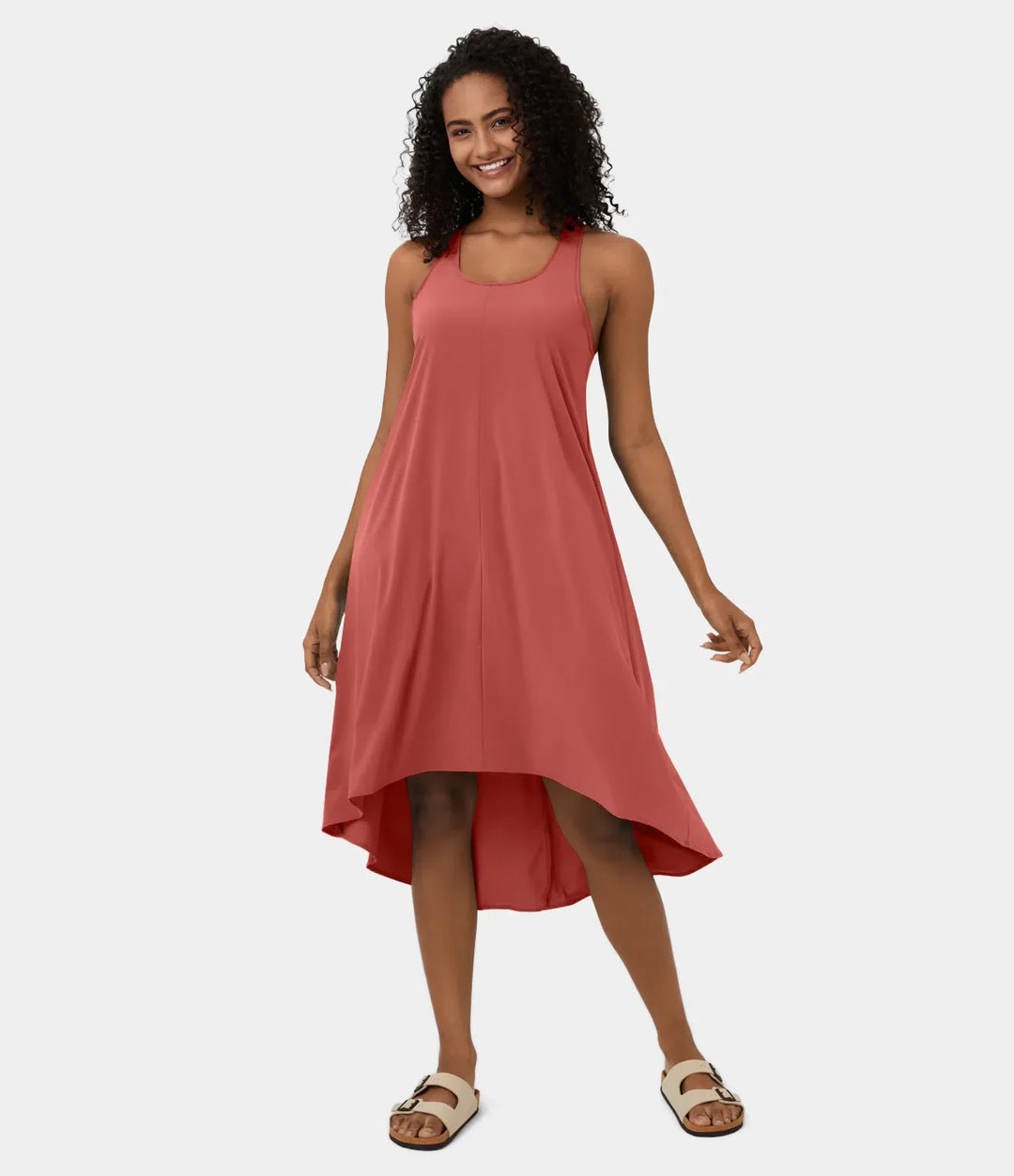 Midi Casual Dress With Backless Racerback And Side Pocket