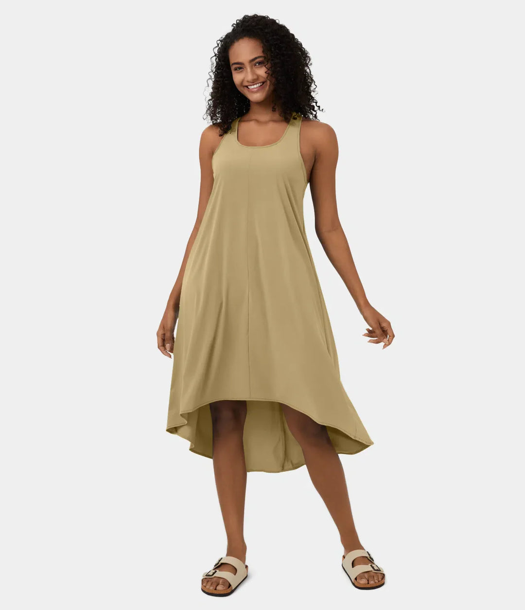 Midi Casual Dress With Backless Racerback And Side Pocket