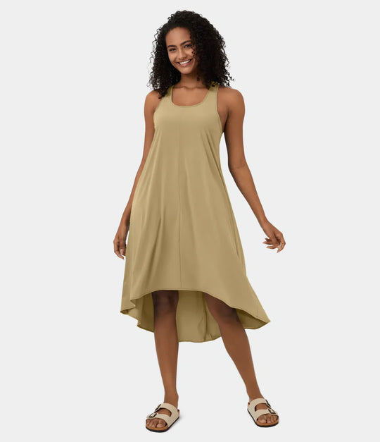 Midi Casual Dress With Backless Racerback And Side Pocket