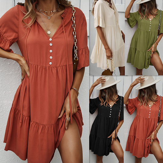 Semi Collar Flared Short Sleeves Midi Drees