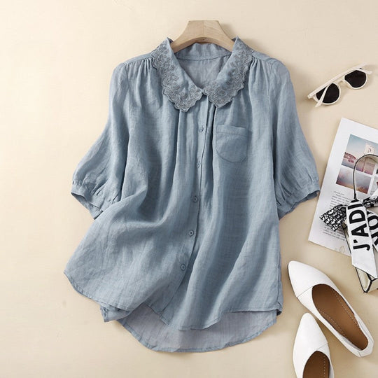 Laurienne™ | Buttoned Blouse with Lace Collar
