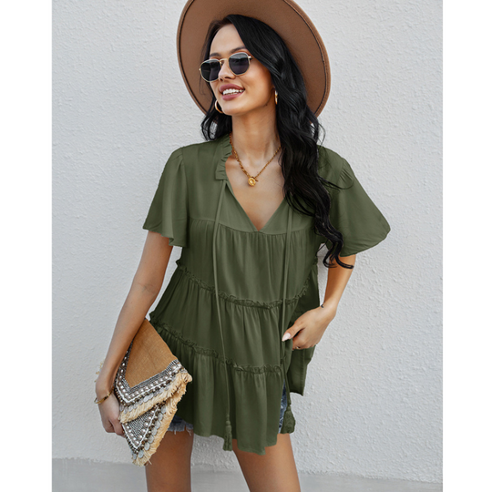Frill Trim Tassel Tie Flutter Sleeve Top