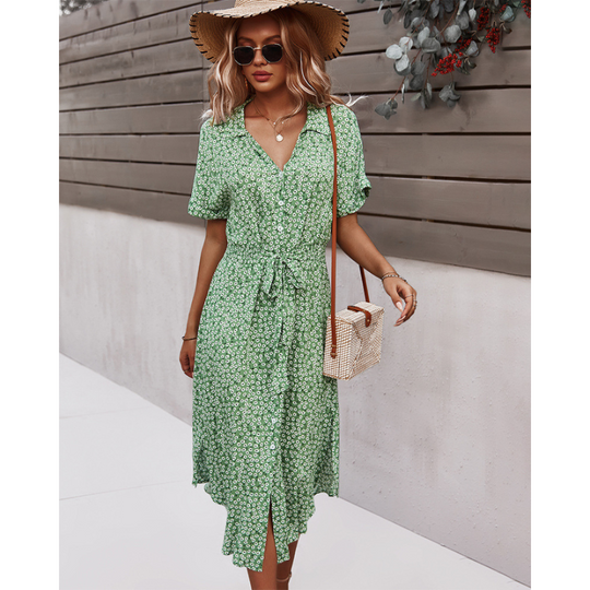 Women's Summer Floral Button Down V Neck Dresses