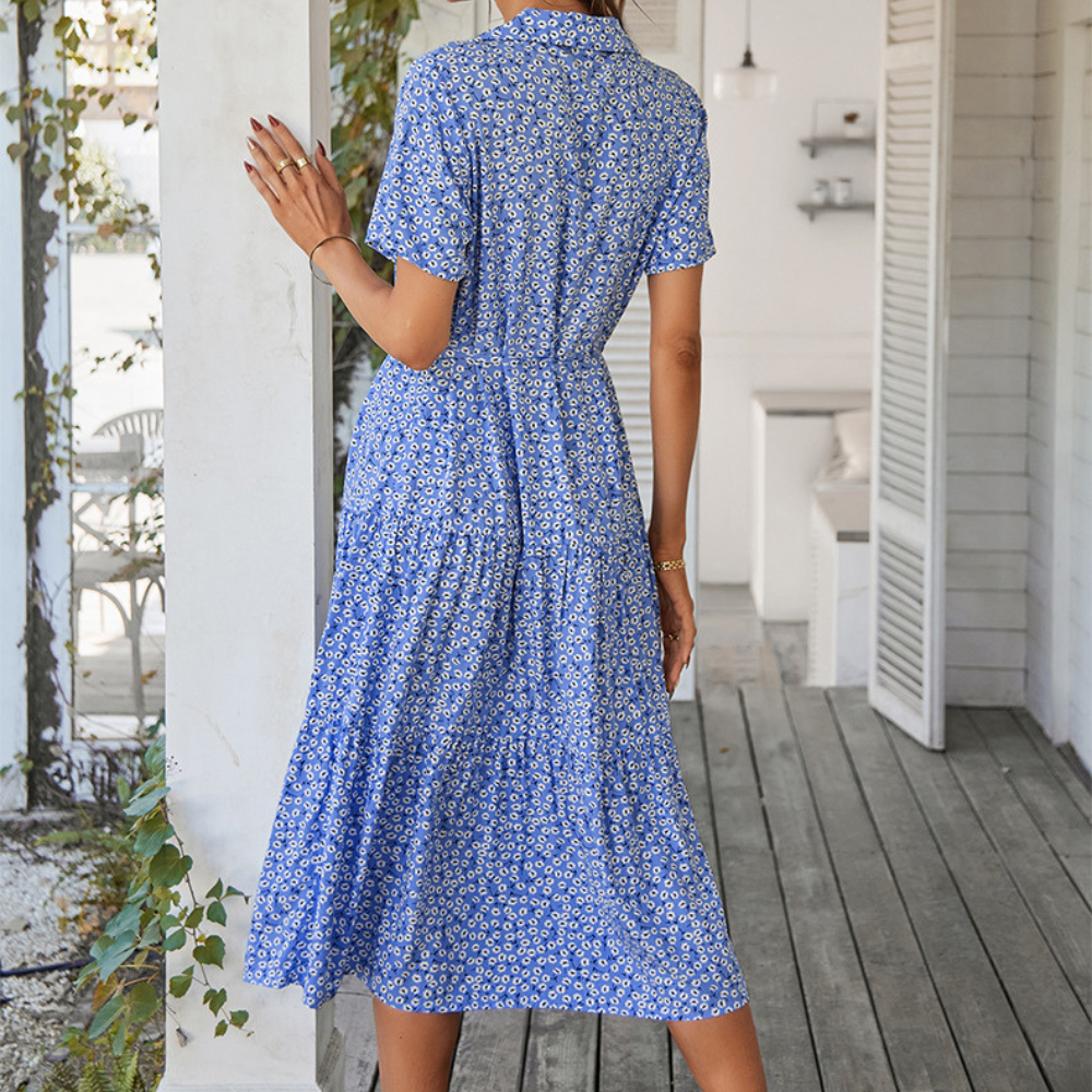 V-Neck Waist Belt Floral Print Maxi Dress