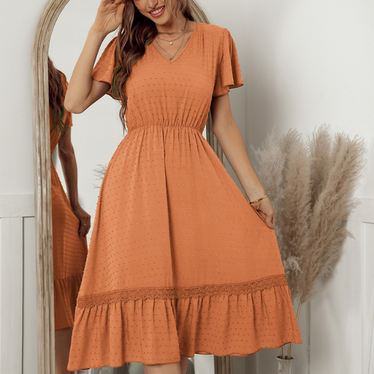 Ruffled Laced Hem Dot Maxi Dress